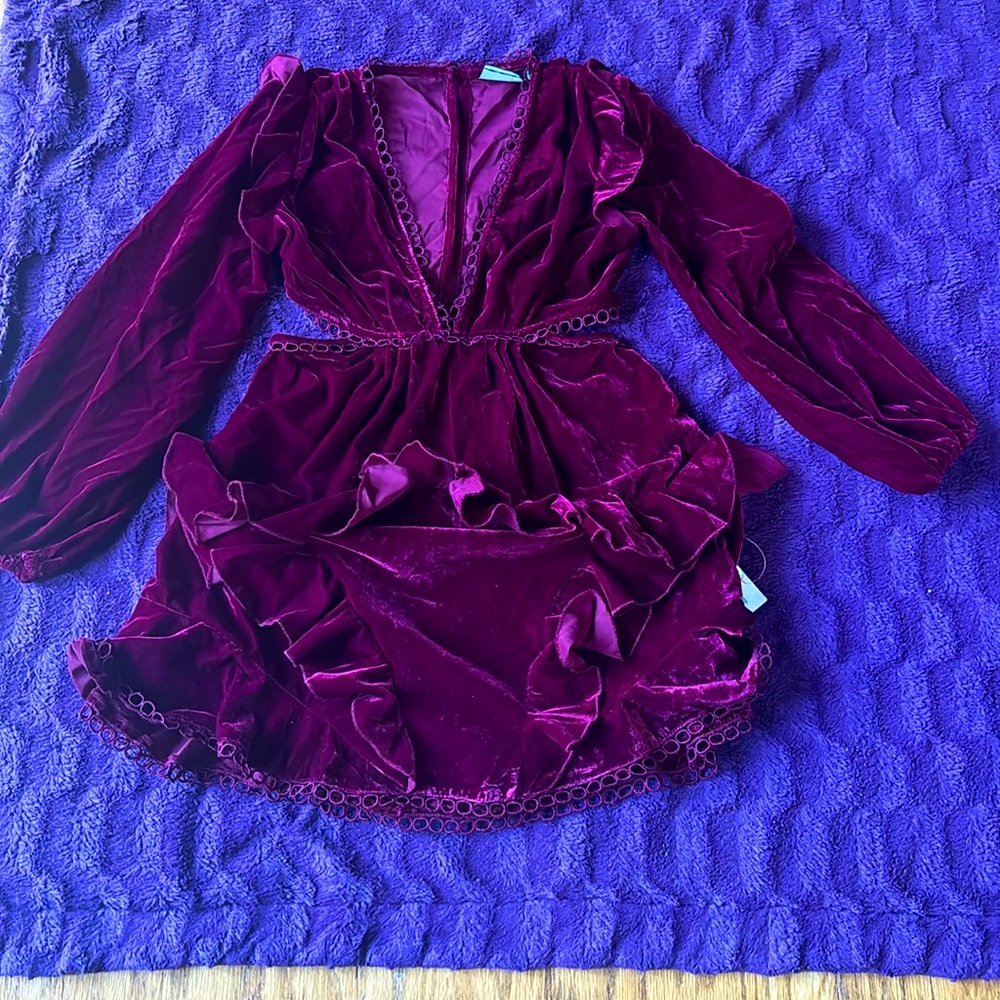 Burgundy velvet dress from ASOS with deep V and open lower back